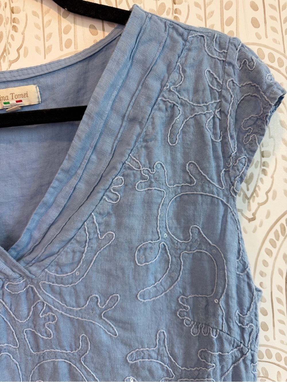Lina Tomei Sequin & Embroidered 100% Linen Blue Dress size Large - Picture 3 of 10